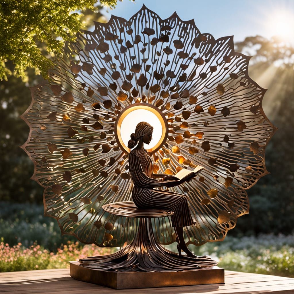 Metal Woman Reading in Flower Sculpture