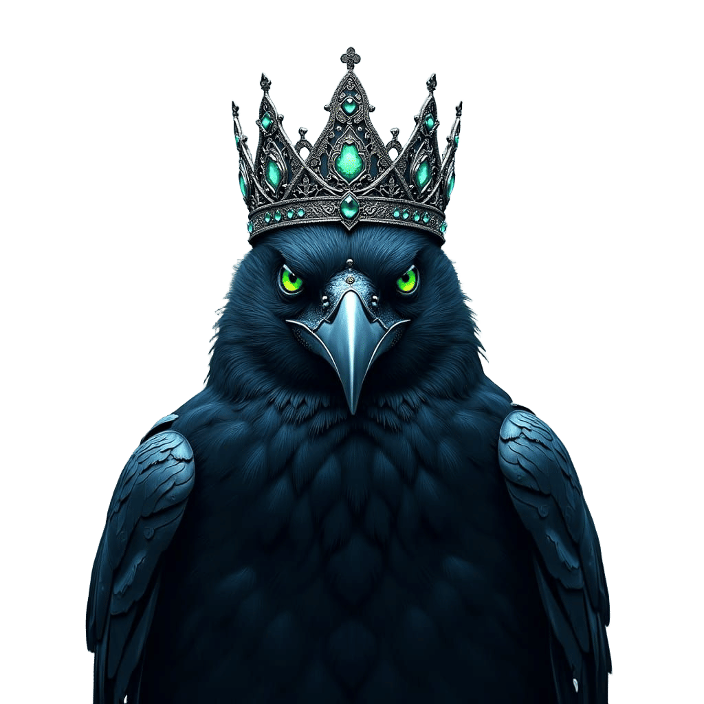 Crowned Raven with Emerald Eyes Under Full Moon