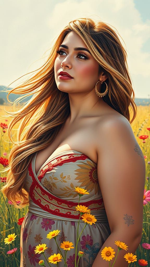 Elegant Woman in Meadow, Polychromatic Oil Painting