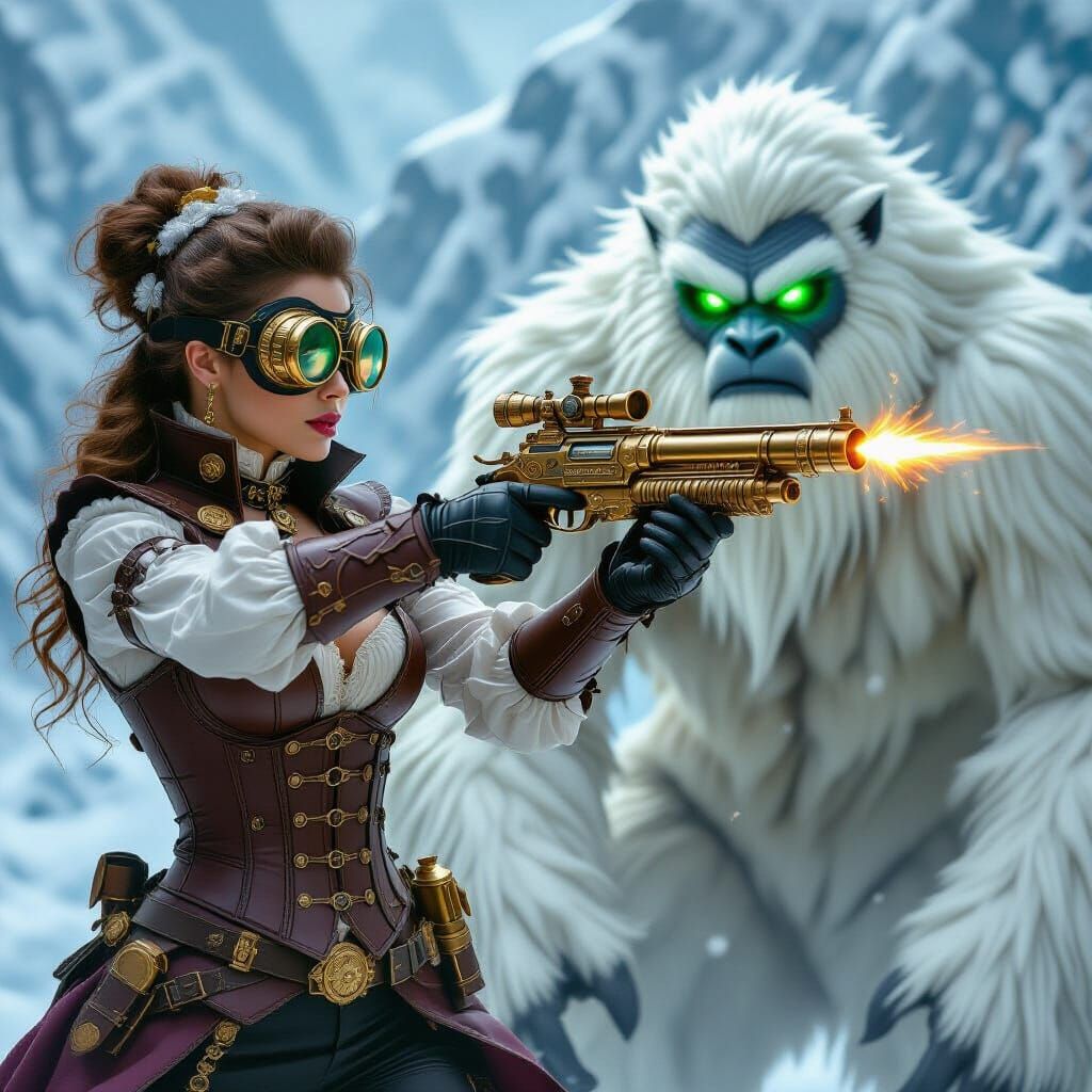 Victorian Explorer Shoots Steampunk Gun at Yeti