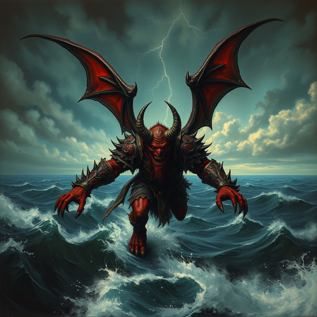 Demon Orc Soaring Over Stormy Seas