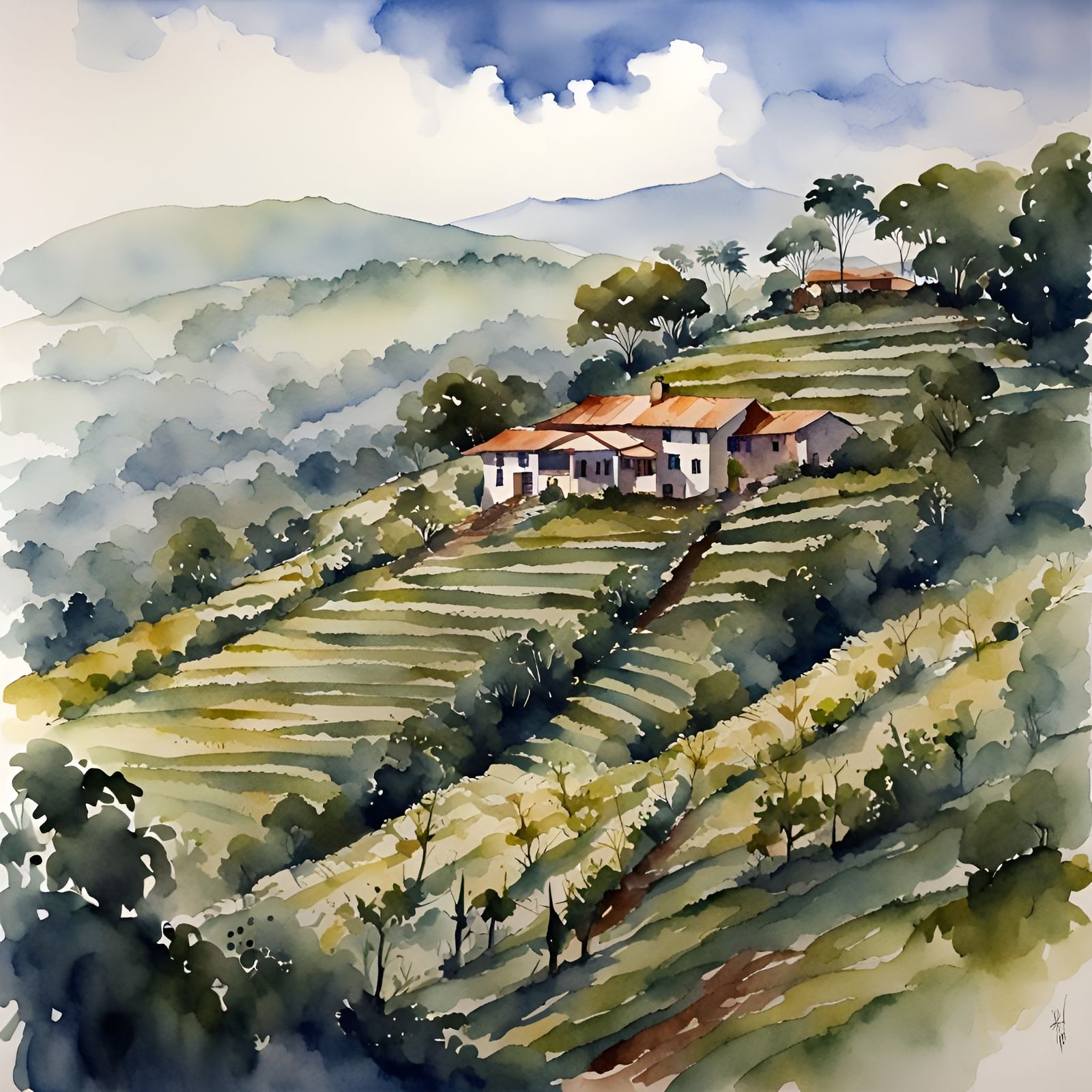 Hilltop Coffee Plantation in Brazil (watercolor)