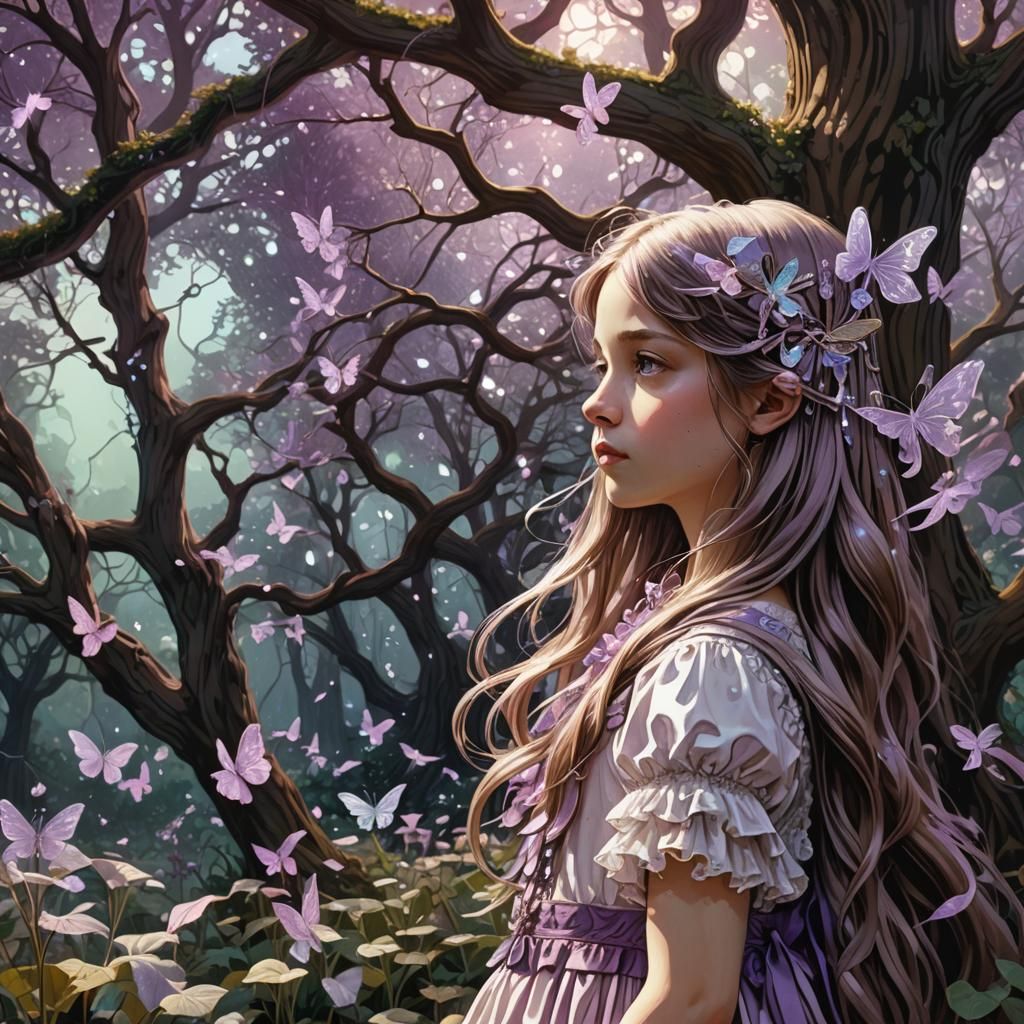 Victorian Girl and Fairies in Art Nouveau Style