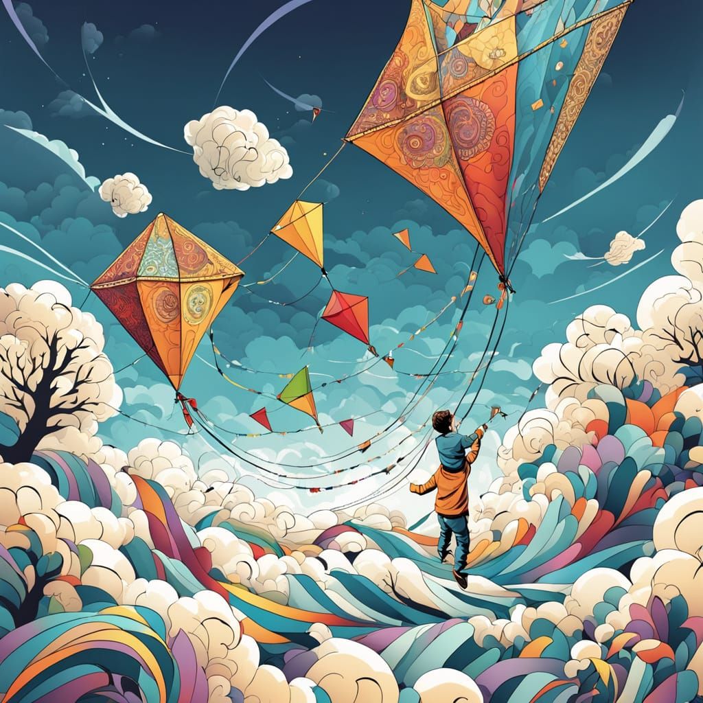 Ethereal Kite Rides Cloudy Skies in Abstract Fractal Style