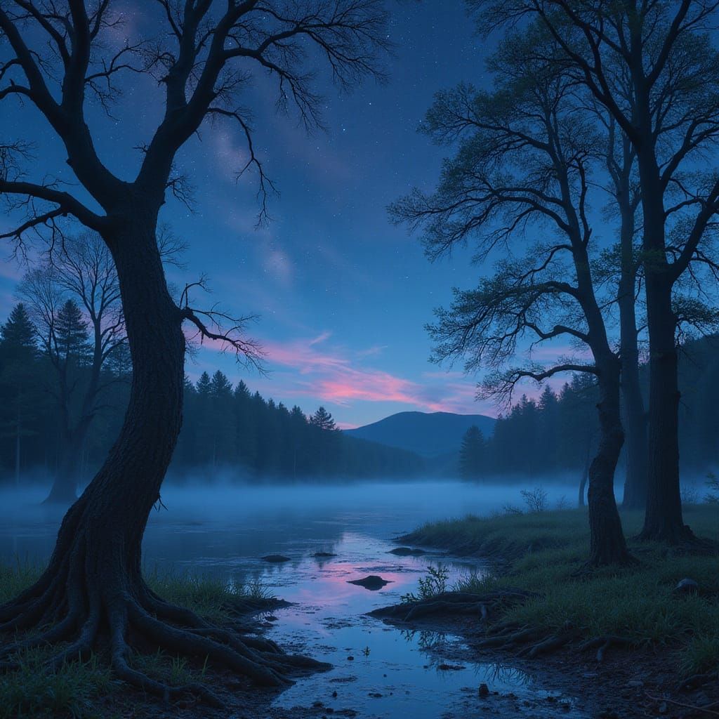 Misty Swamp Fantasy Landscape with Glowing Lights