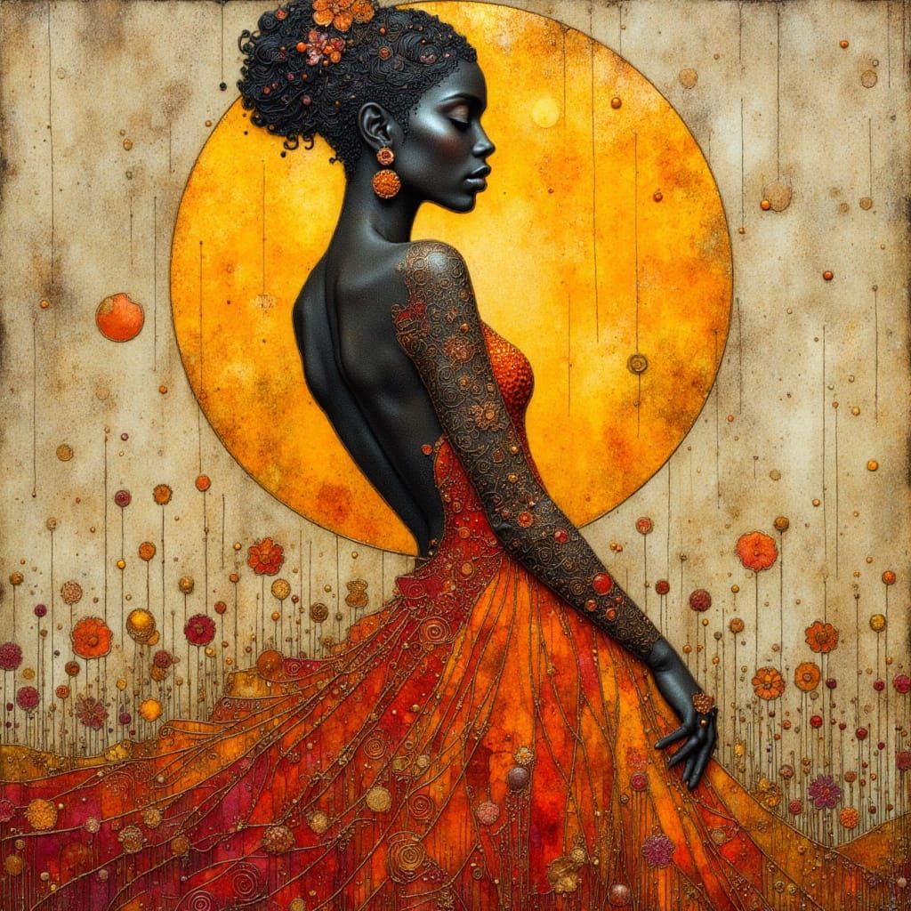 African Princess Silhouette with Floral Dress in Impasto Sty...