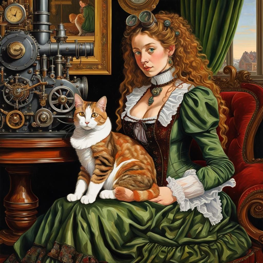 Victorian Woman with Cat in Botticelli Style
