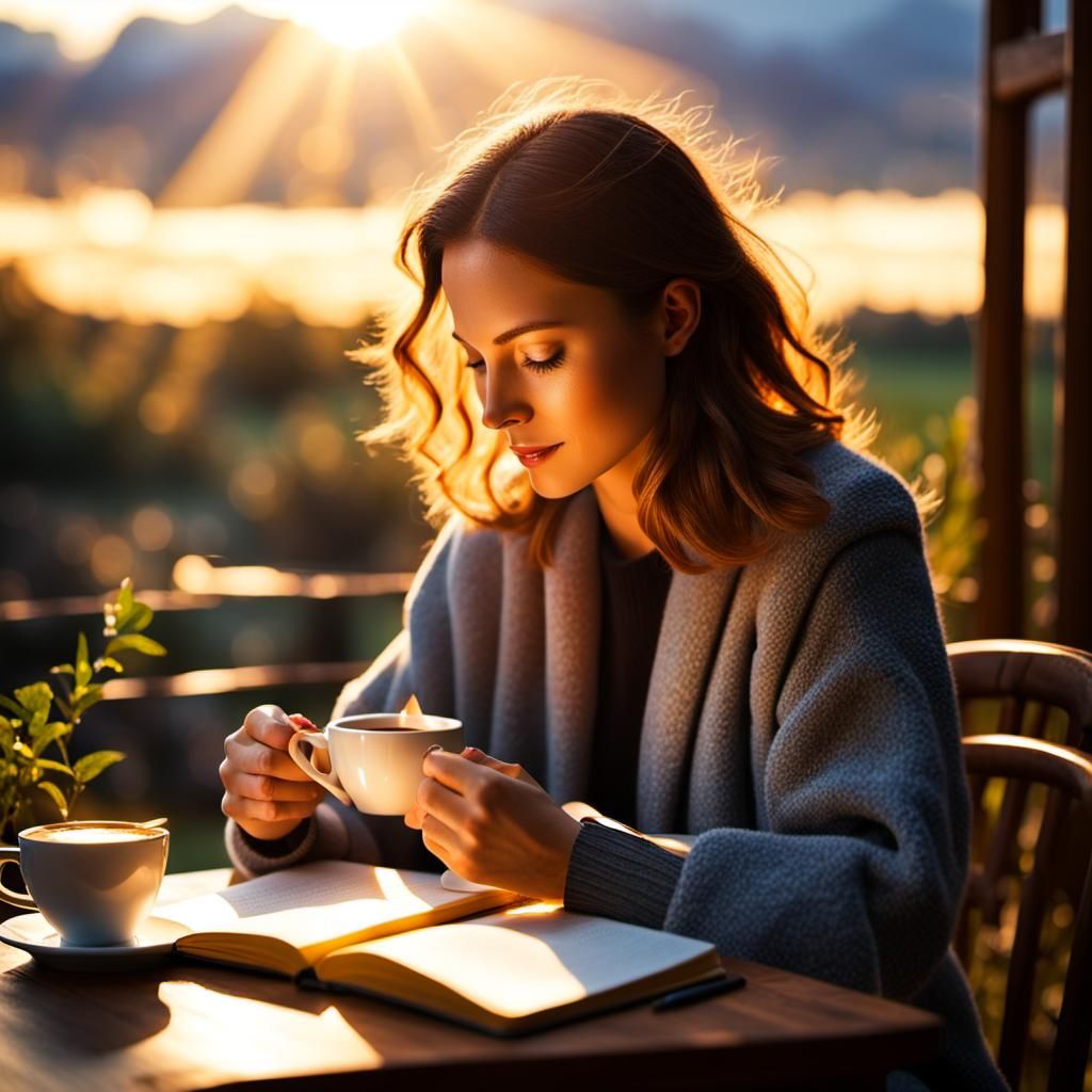 Woman Journaling in Softly Glowing Sunrise
