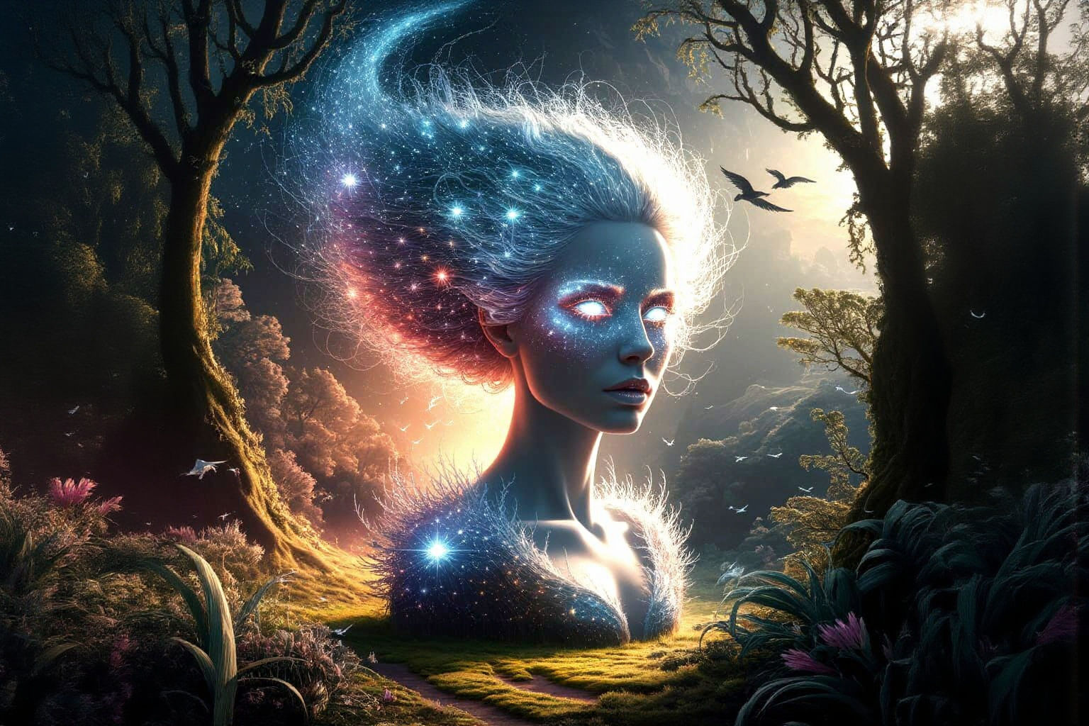 Starlight Woman's Face in Glowing Forest