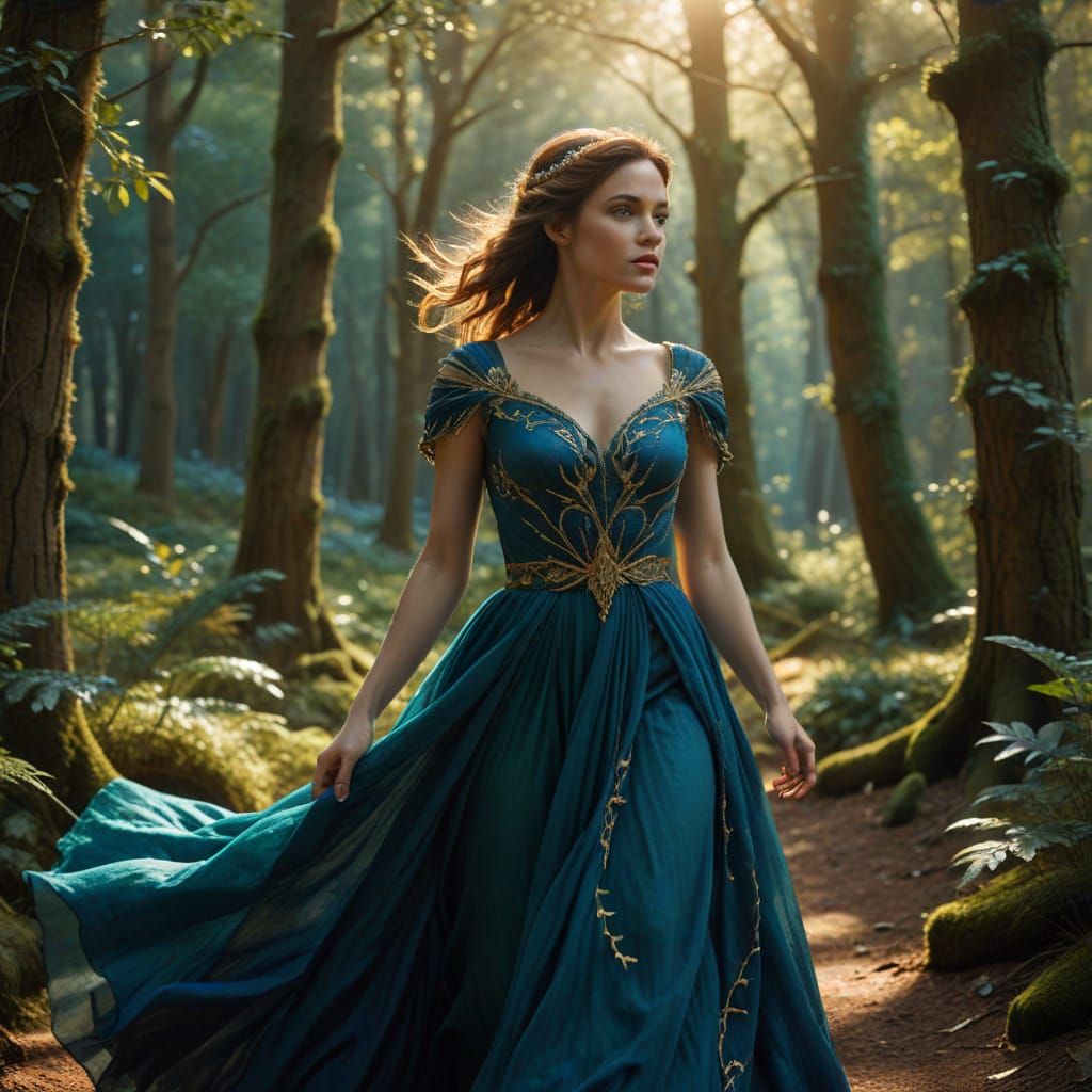 Grecian Princess Runs Through Emerald Forest