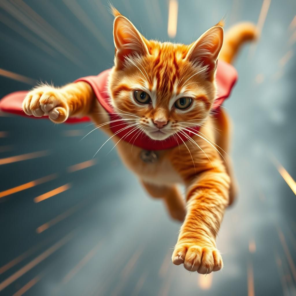 Orange Cat Superhero in Mid-Air Flight