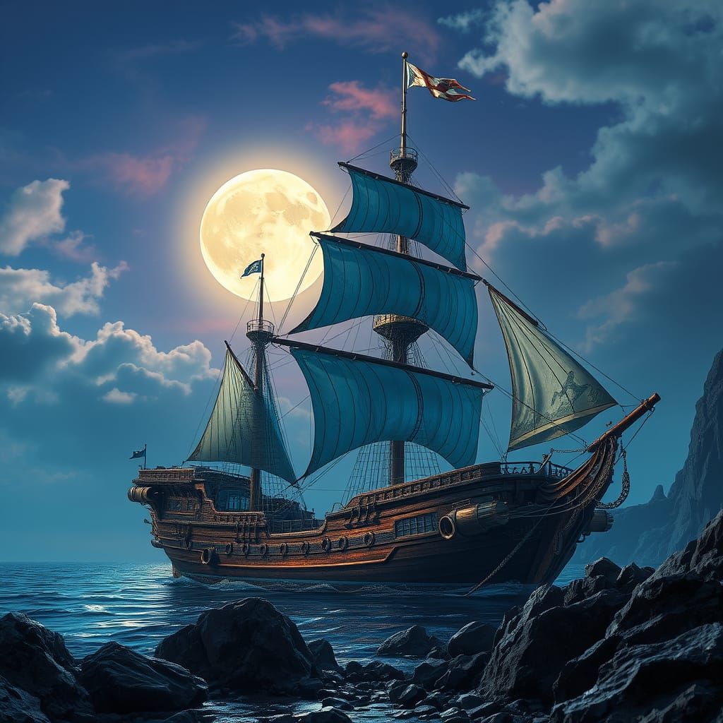 Futuristic Pirate Ship on Moonlit Shore in Hyperrealism