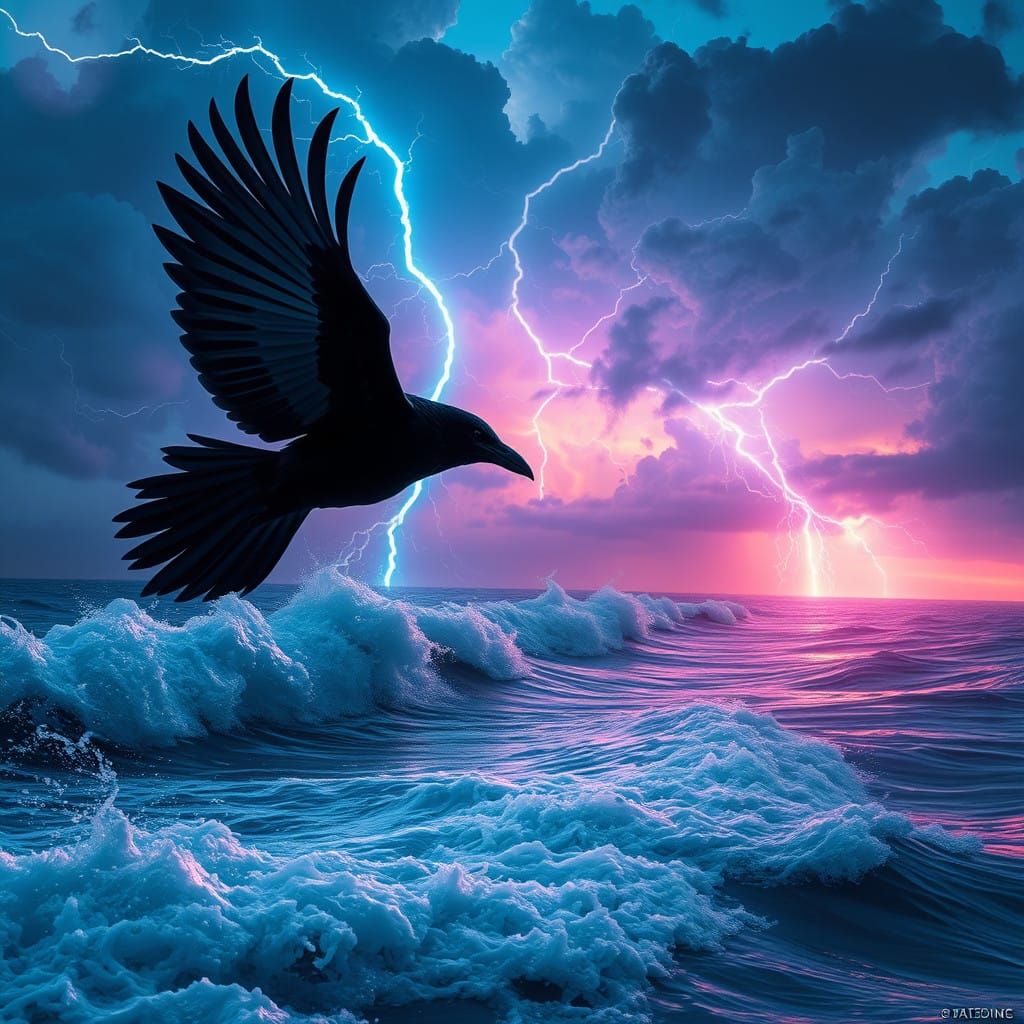 Majestic Raven Soars Against Turbulent Stormy Skies