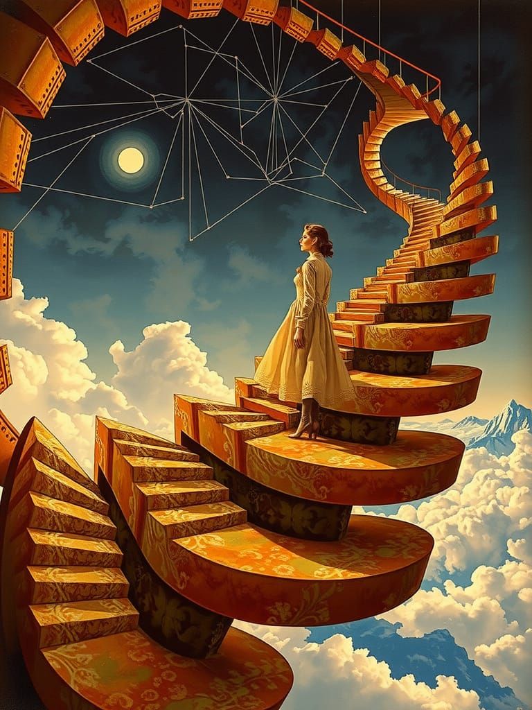 Woman Lost in Thought on Impossible Staircase