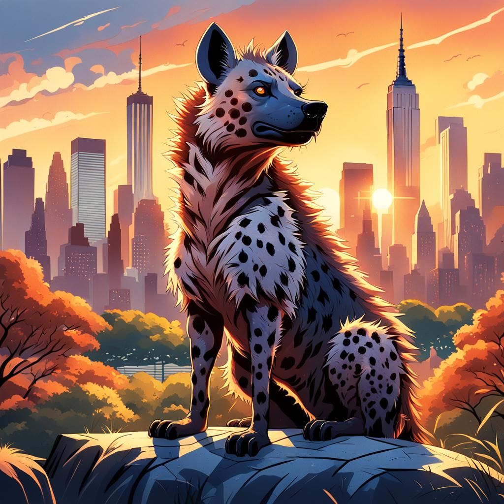 Cartoon Hyena Sits in Central Park: Comic Art