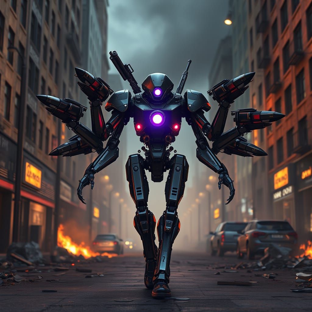 Six-Armed Android in Burning Cityscape