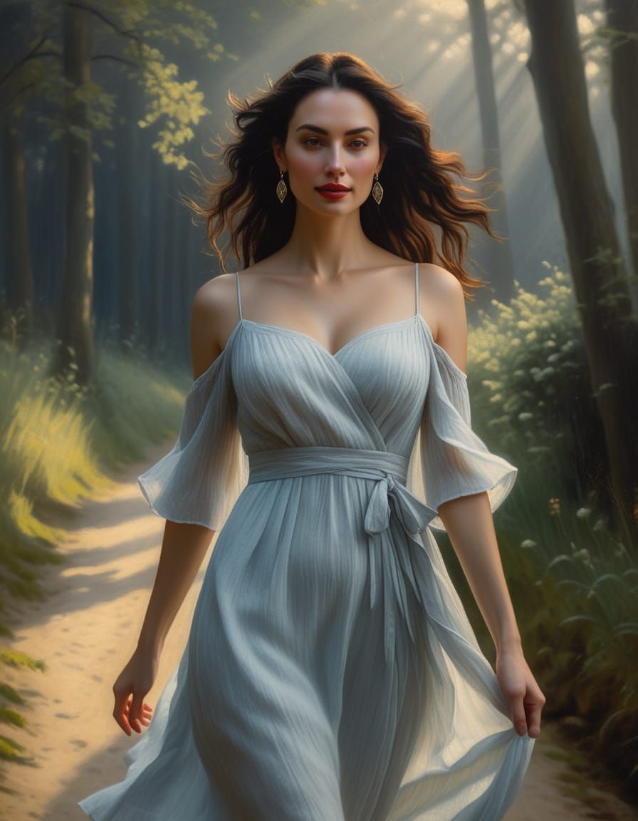 Romantic Realism Woman Walking Barefoot, Oil on Canvas
