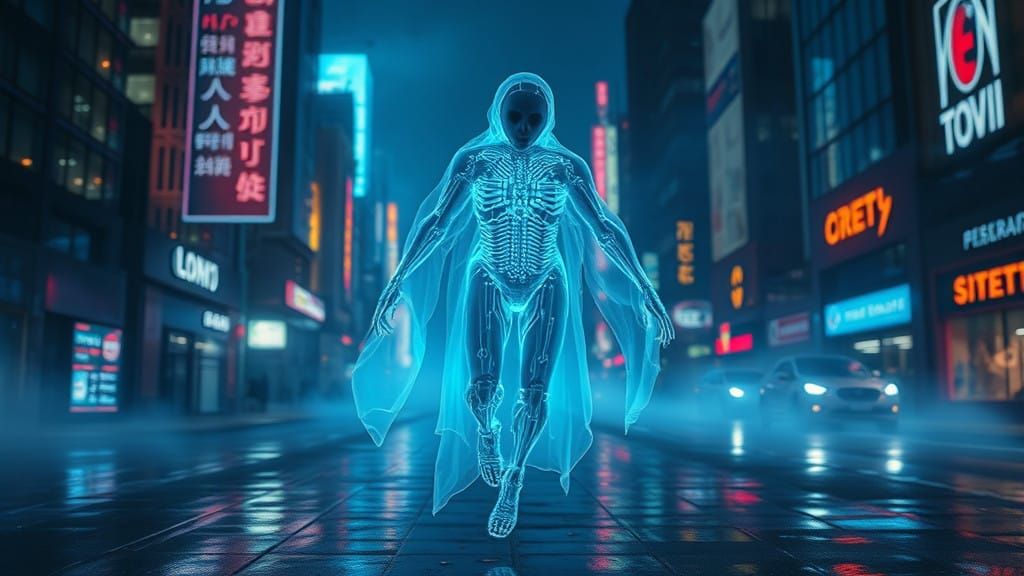 Ethereal Cyberpunk Specter in Vibrant Oil Painting