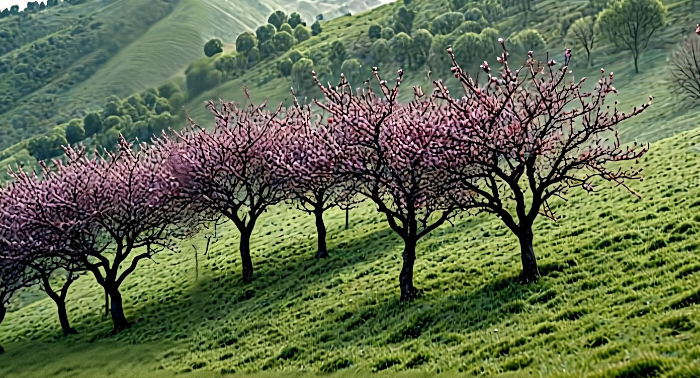 Plum Trees on Hillside in Cinematic Style