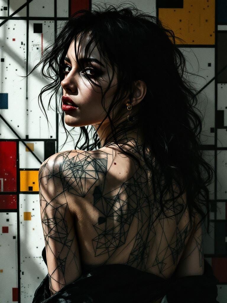 Mysterious Woman with Geometric Tattoo in Abstract Style