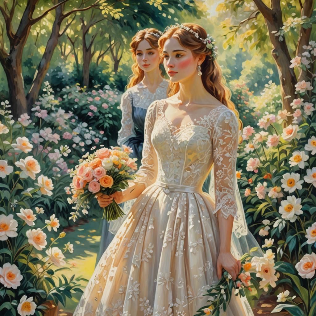 Bride in Garden: Impressionist Gouache Painting