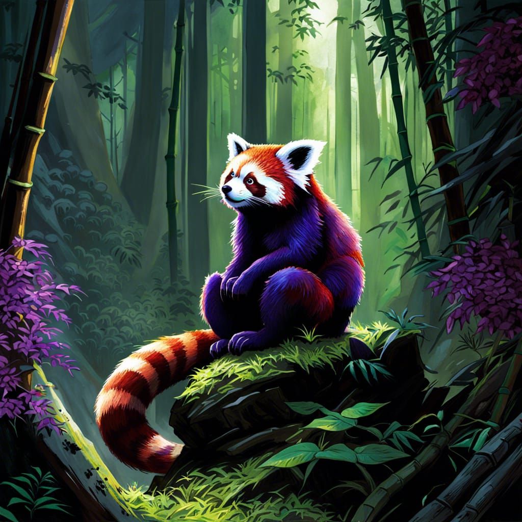 Purple red panda sitting down, manga, anime, comic, high detail, sunlight beams, bamboo forest, trees, rocks, moss, cris...