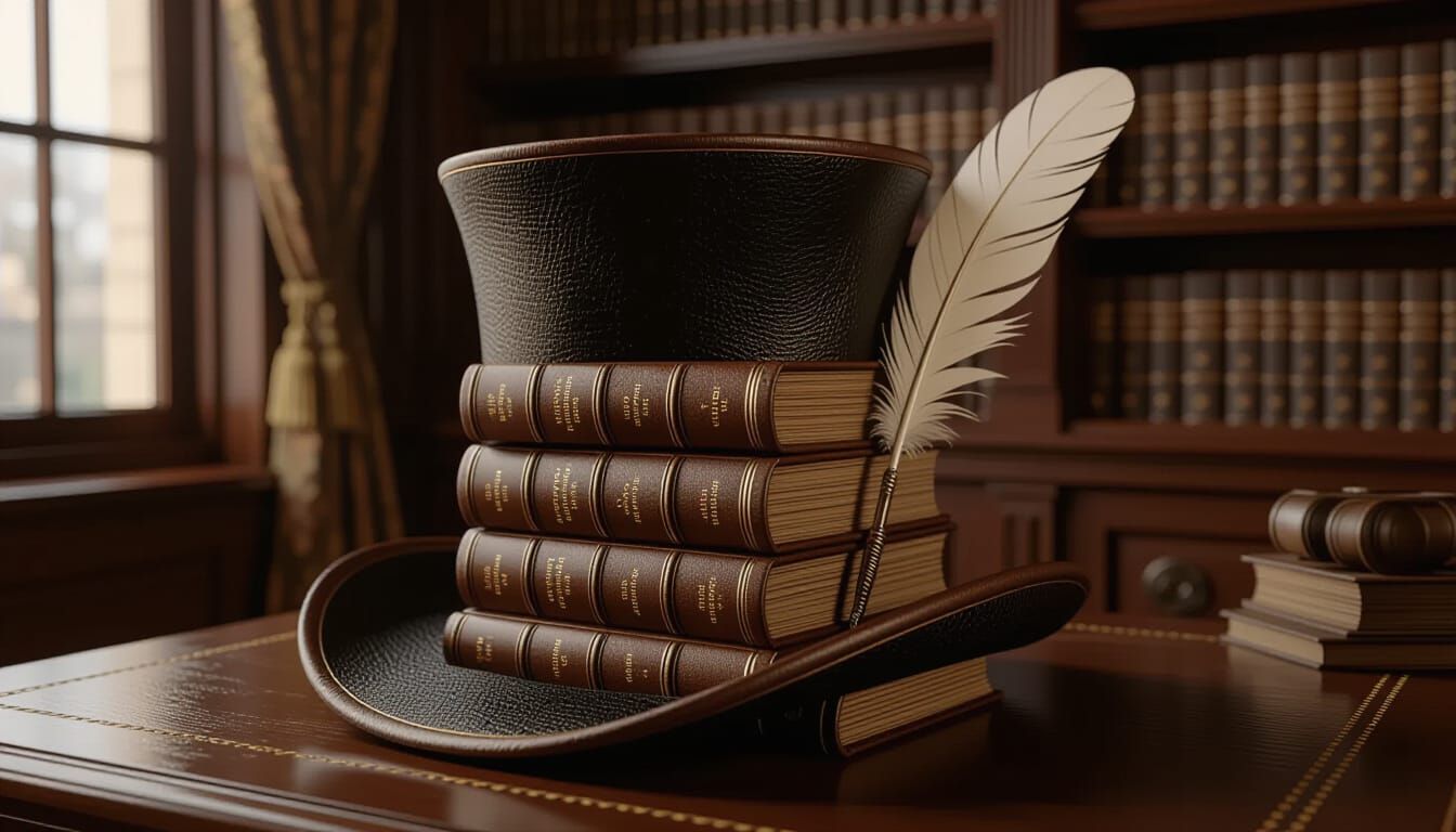 Whimsical Book Top Hat with Quill Pen Accent