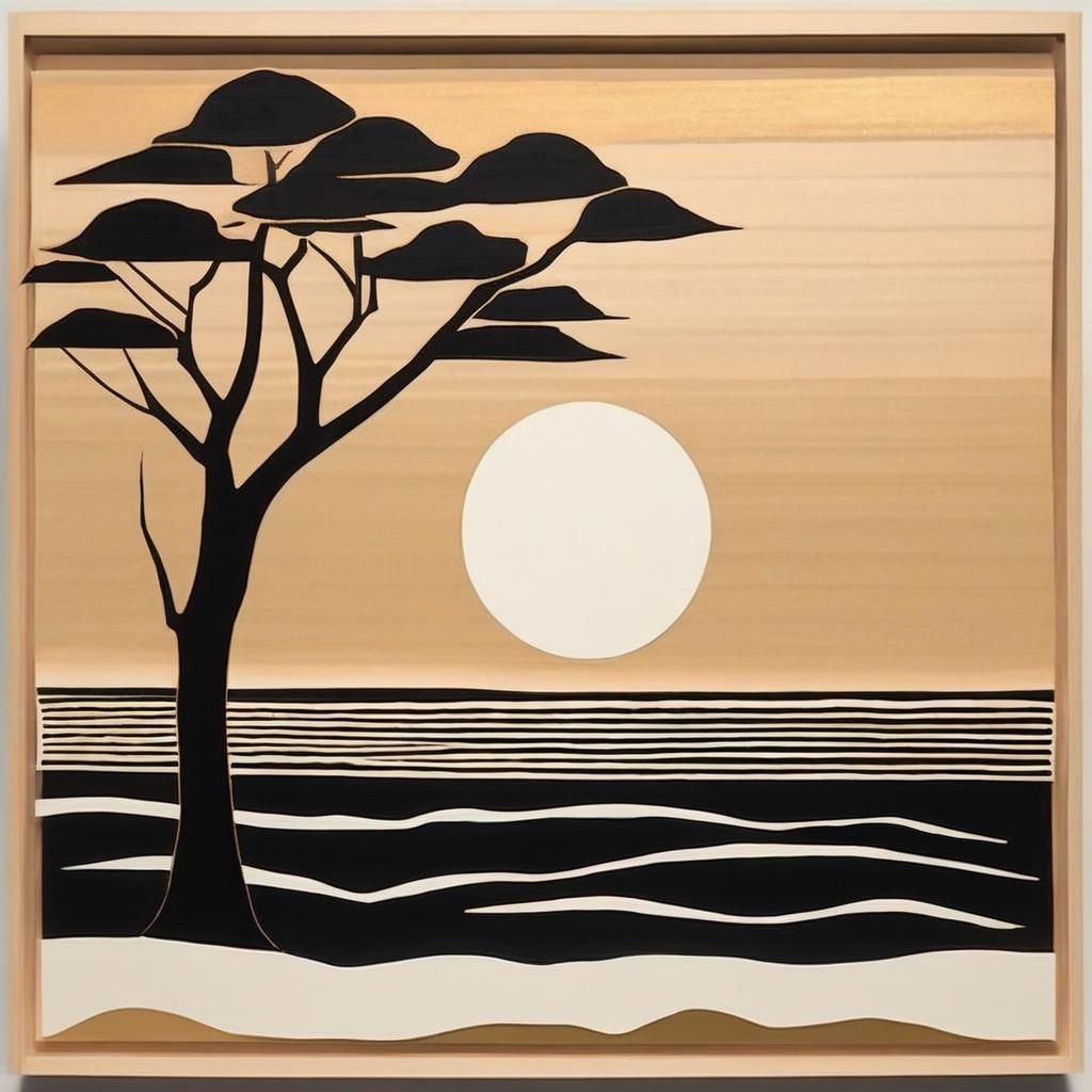 Minimalist Sunrise Landscape in Woodcut Style
