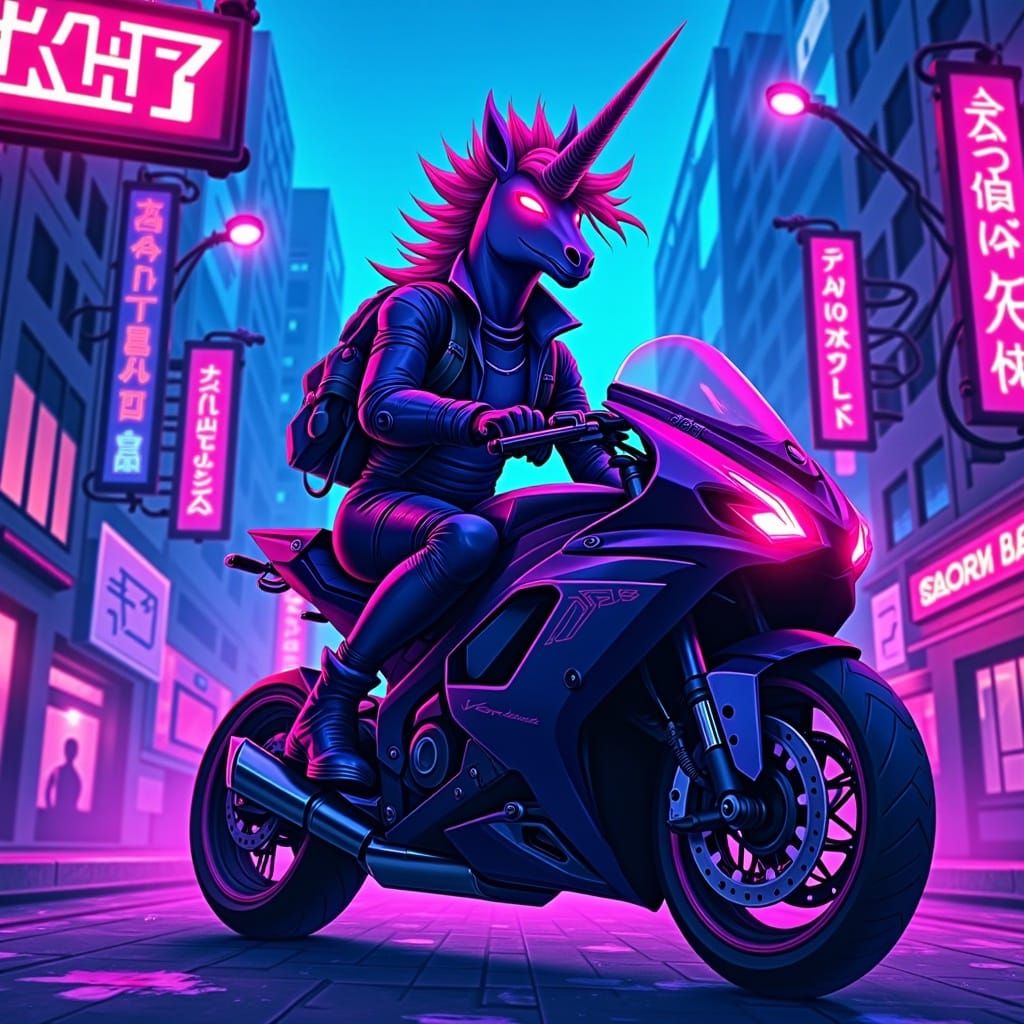 Unicorn Biker in Neon City, Cryptopunk Style