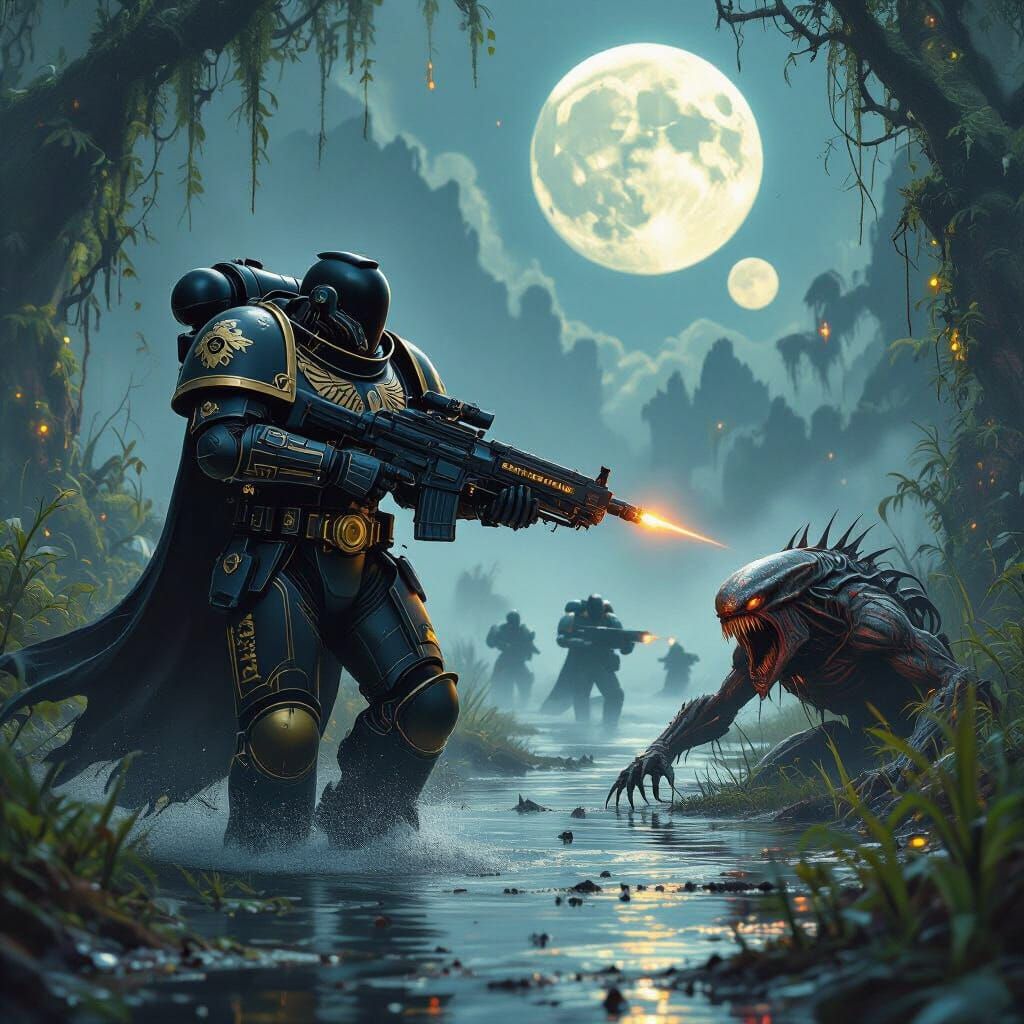 Space Marine Leads Troops in Alien Swamp, Hyperrealistic Sty...