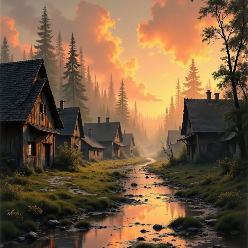 Serene Norse Village in Japanese Ink Brush Style