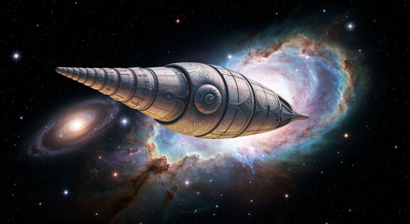 Spaceship Drifting Through Nebula in Synthwave Art-Deco Styl...