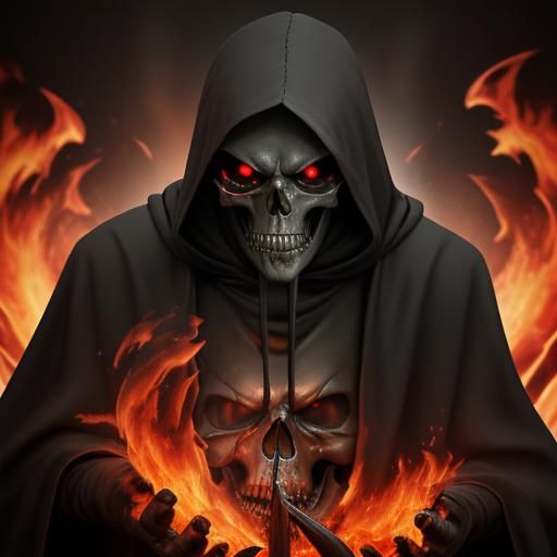 Grim Reaper Skull in Fiery Hellscape