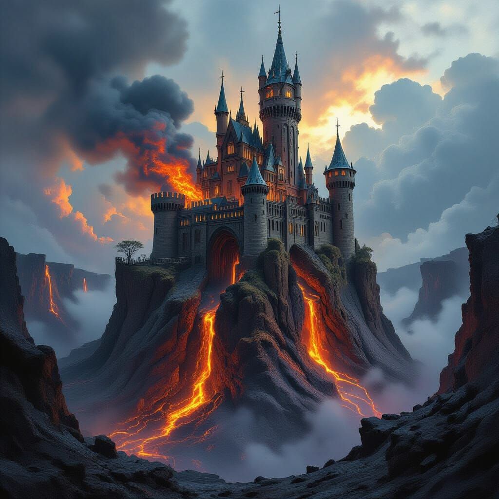 Colossal Amber Castle on Volcano in Dark Fantasy Style