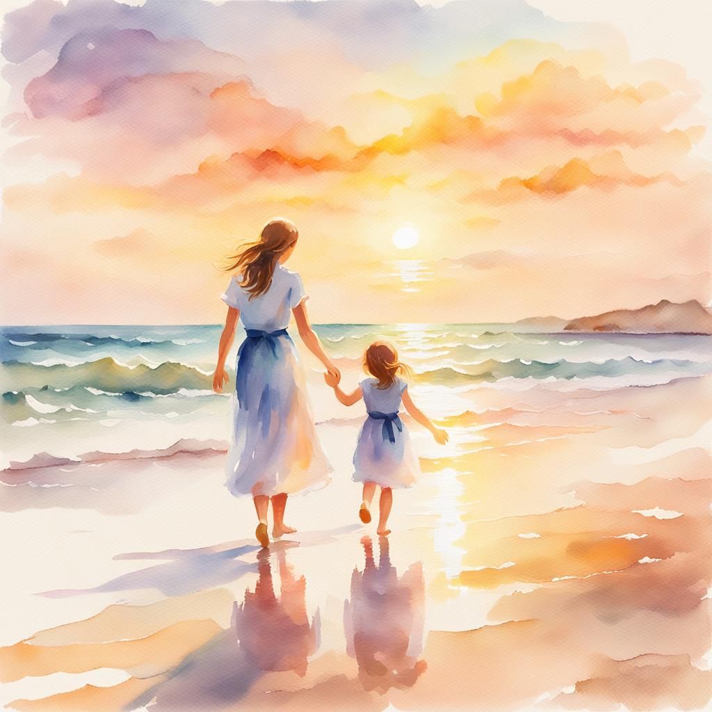 Impressionist Mother and Daughter on a Golden Beach