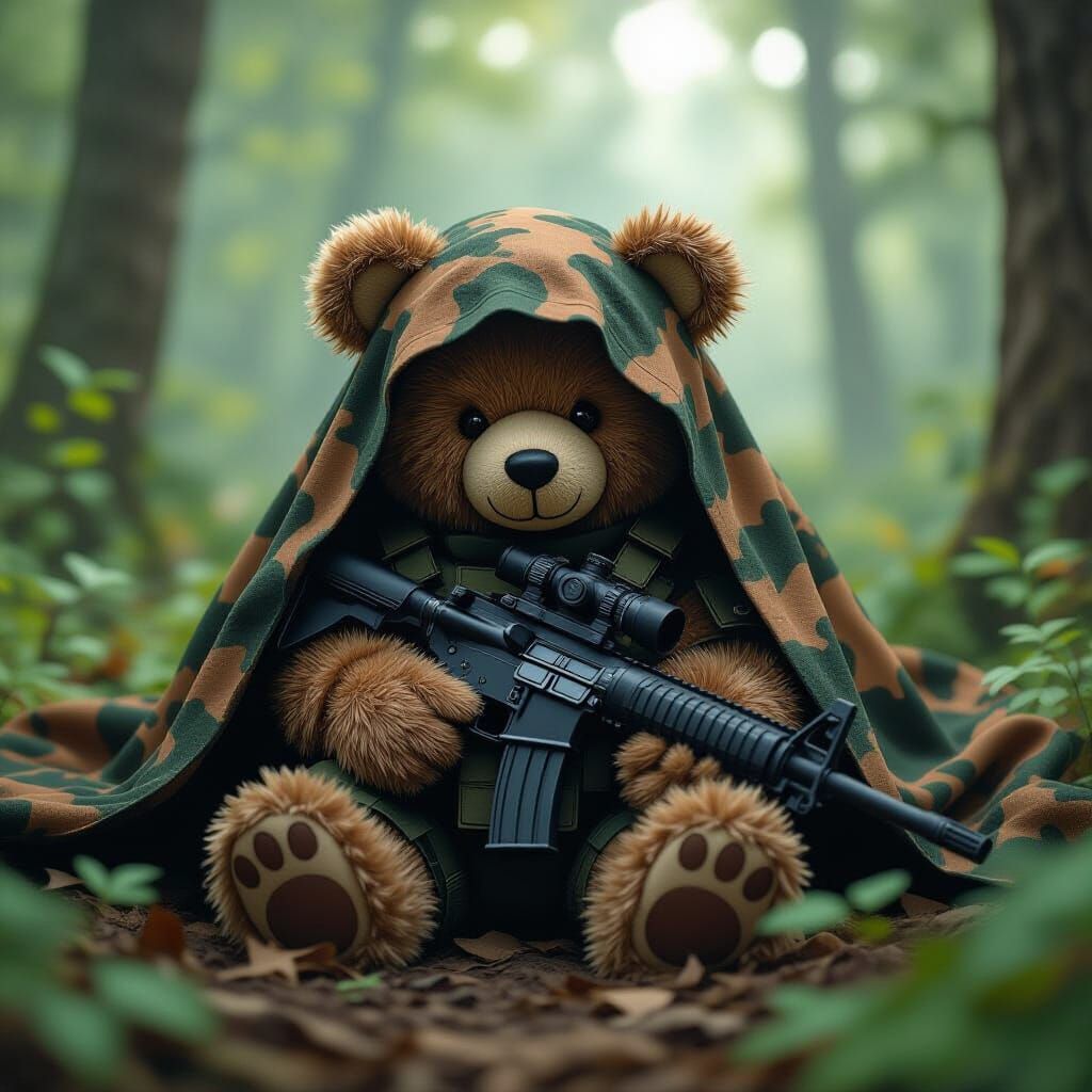 Camouflaged Teddy Bear Bodyguard in Lush Forest