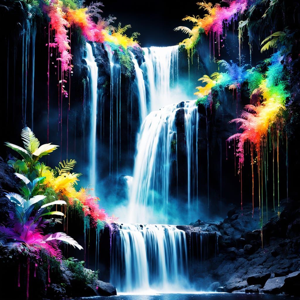 Ink Splatter Waterfall Art with High Contrast Lighting