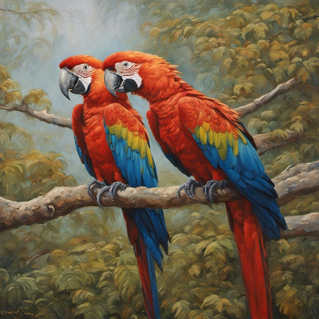 Colorful Macaws Eating in Elm Tree Oil Painting