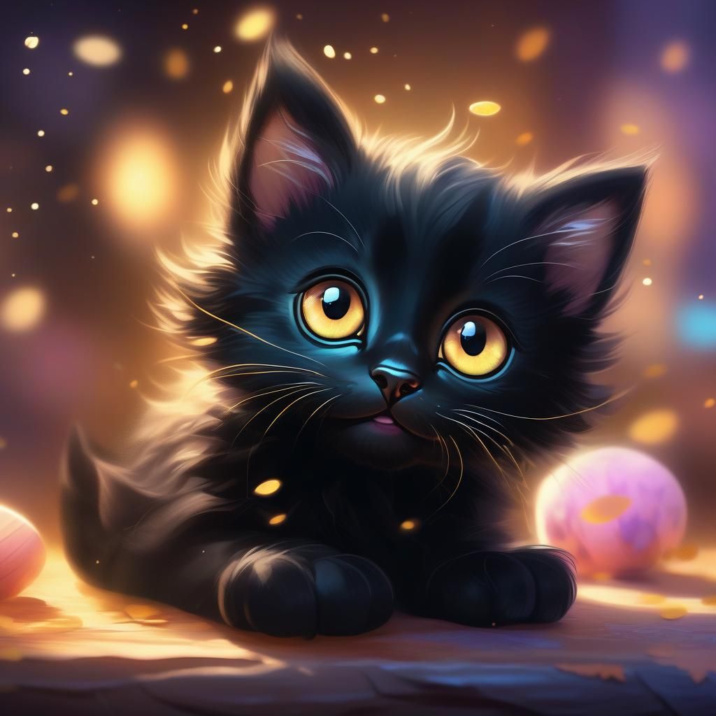 Cute Black Kitten Portrait in Macro Photography