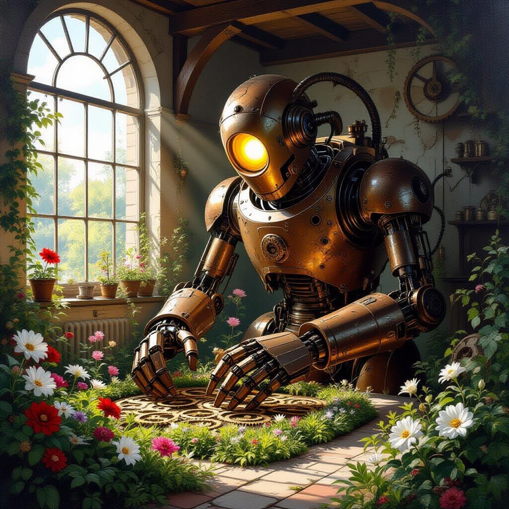 Clockwork Golem's Garden: An Oil Painting Masterpiece