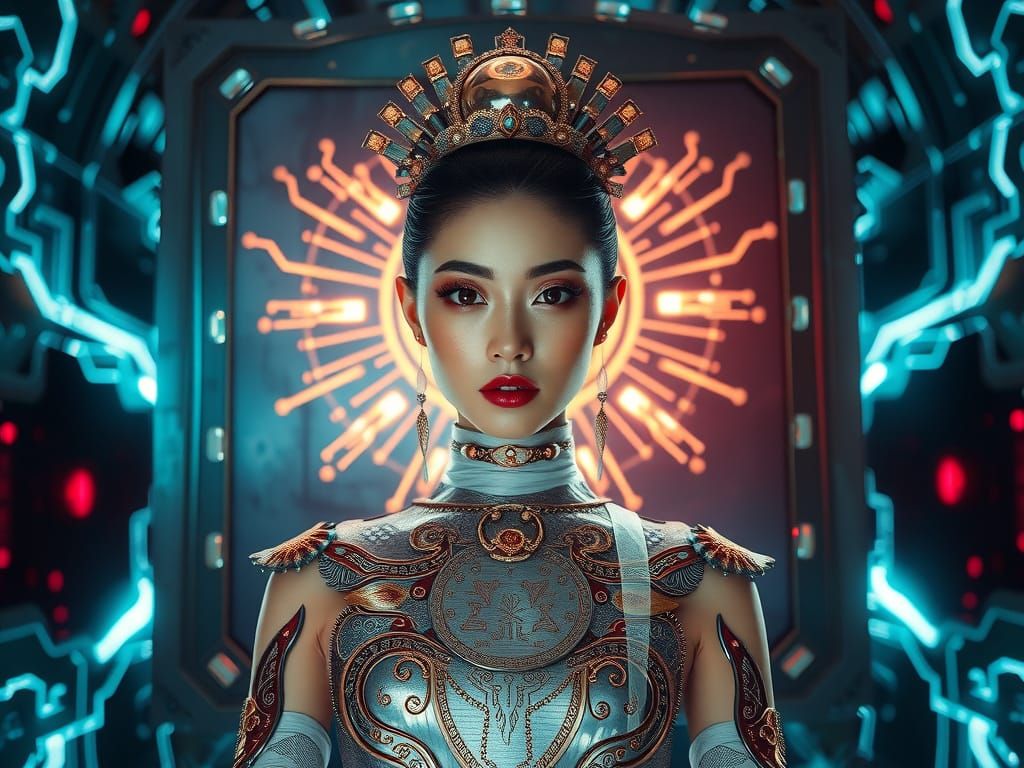 Futuristic Asian Goddess with Cybernetic Markings in Front o...