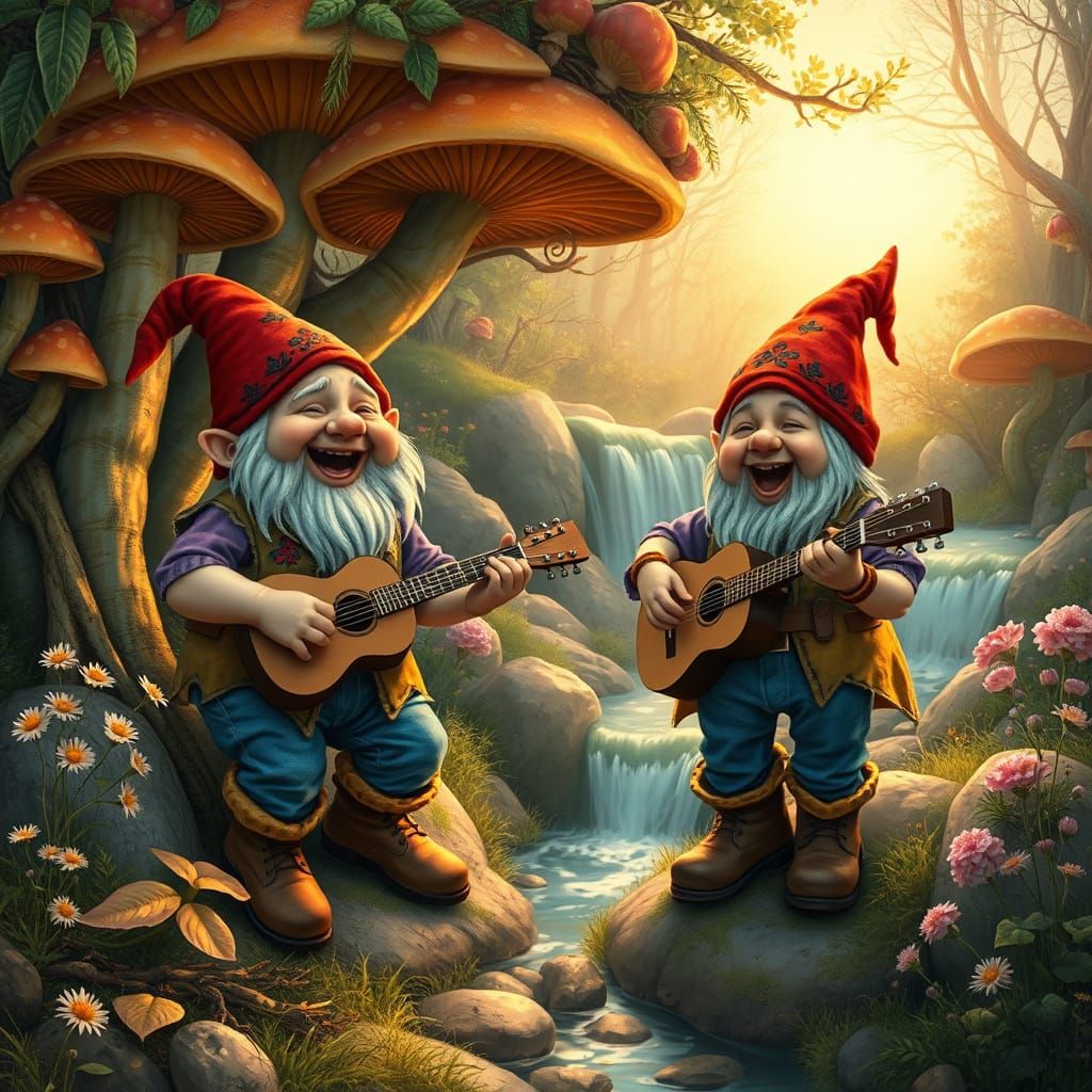 Gnomes Strum Guitars in Whimsical Fairy Woods