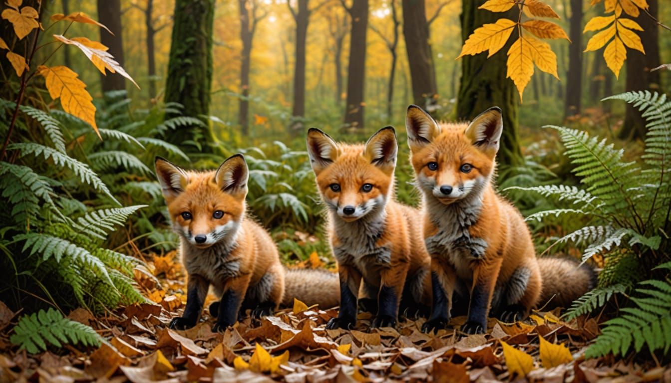 Cute Fox Cubs Play in Autumn Forest Clearing