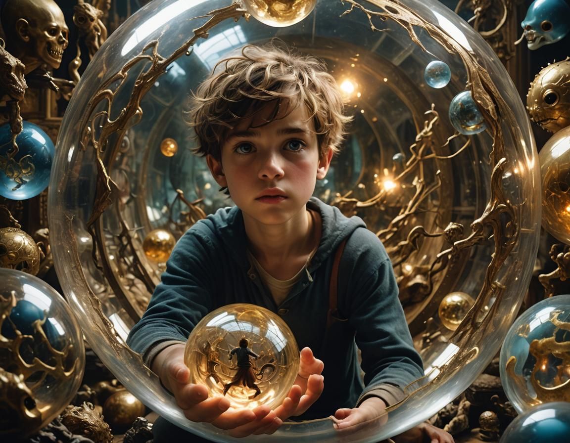 Boy Trapped in Orb Surrounded by Monsters: Digital Painting