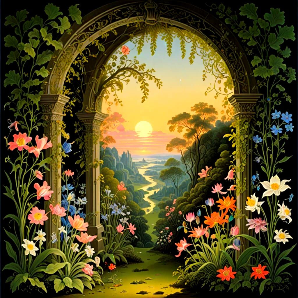 Archway at Dawn: Rebirth with Flora and Fauna