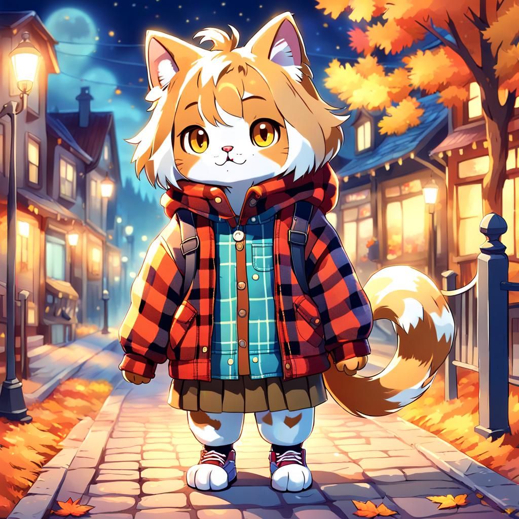 Cozy Kawaii Anime Cat-Dog on Autumn Street