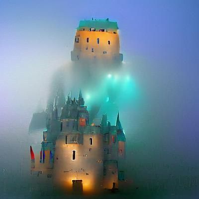 Mysterious Castle in Dense Fog