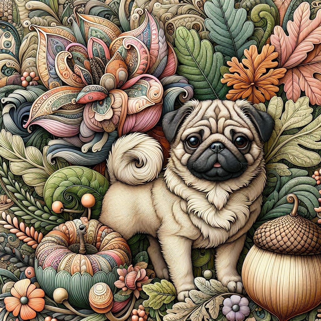 pastel a pug with a fluffy tail,