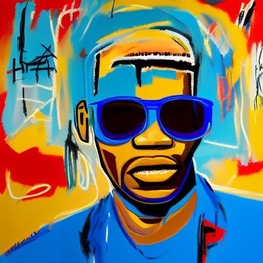 Man in Blue Shirt and Sunglasses, Hand Raised in the Air