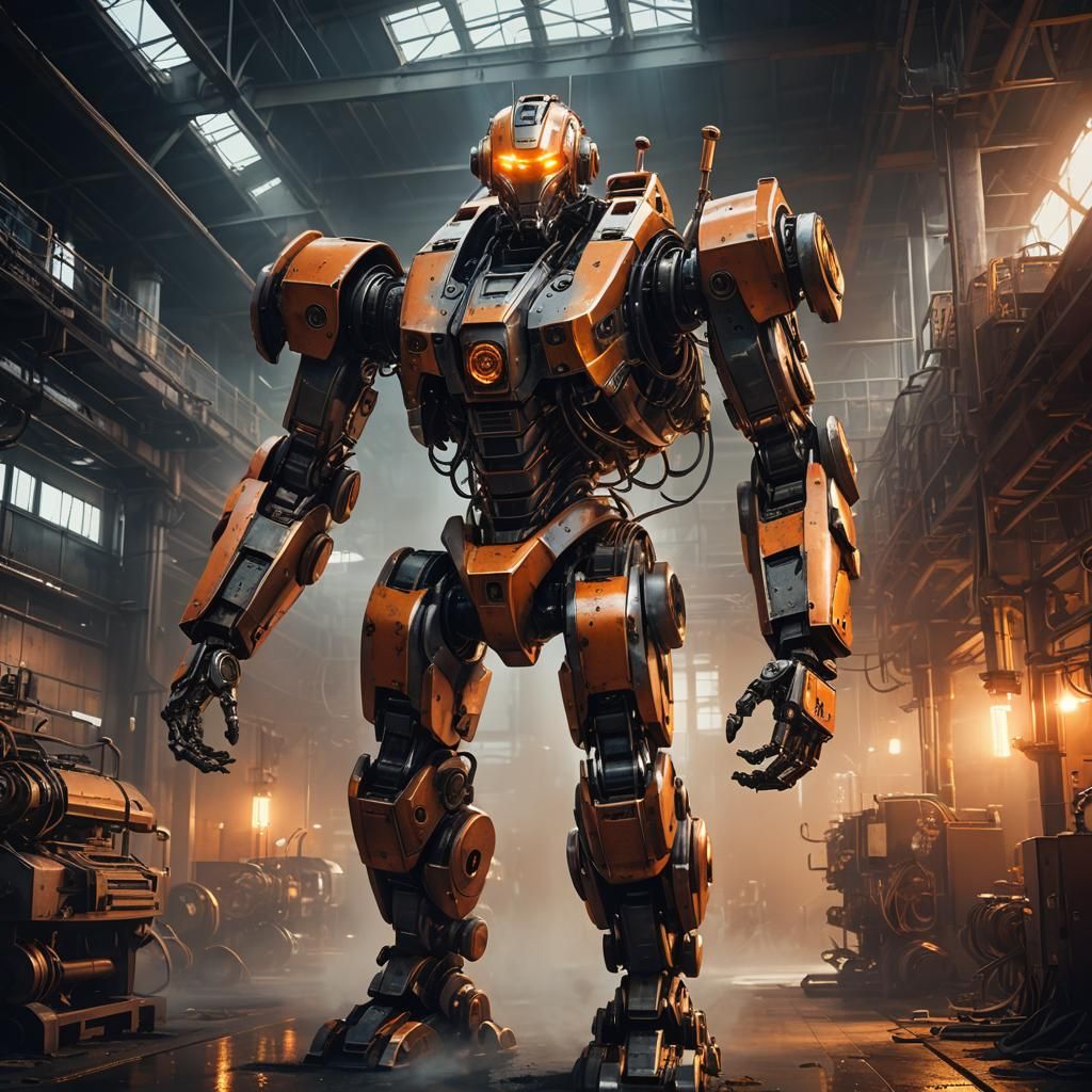 Powerful Robot in Dimly Lit Factory